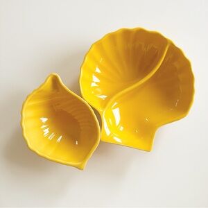 Appolia Divided Dish and Bowl Yellow Pottery Sea Shell Shaped